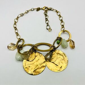 Liz Palacios Gold tone textured coin style dangle and Green carve stone Necklace